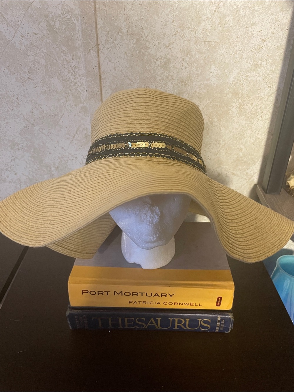 Charming Charlie Wide-Brim Straw Sun Hat with Decorative Black & Gold Band